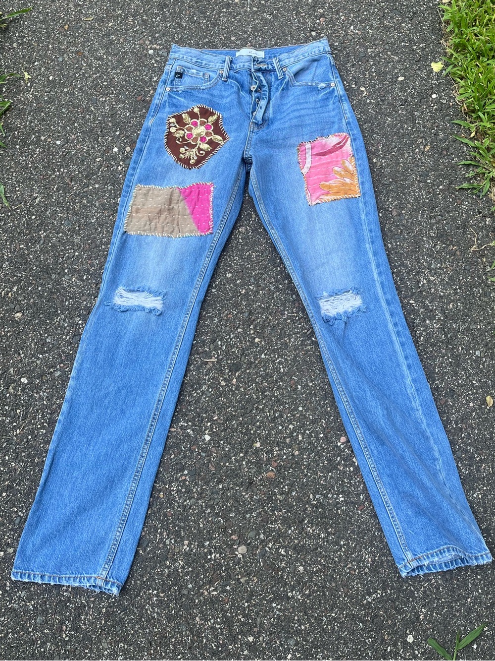 KanCan Blue Straight-Leg Jeans with Pink & Brown Patchwork